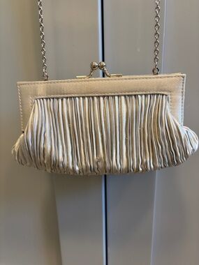 Cream Satin Pleated Evening Clutch with Chain Strap